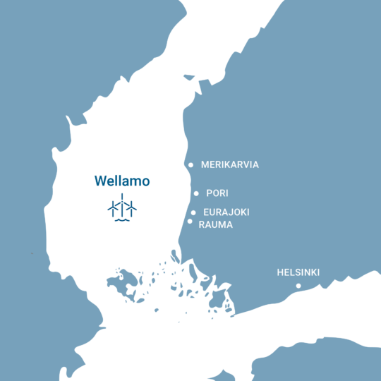 Kartalla on esitetty merituulihanke Wellamon sijainti Satakunnan edustalla Selkämerellä.